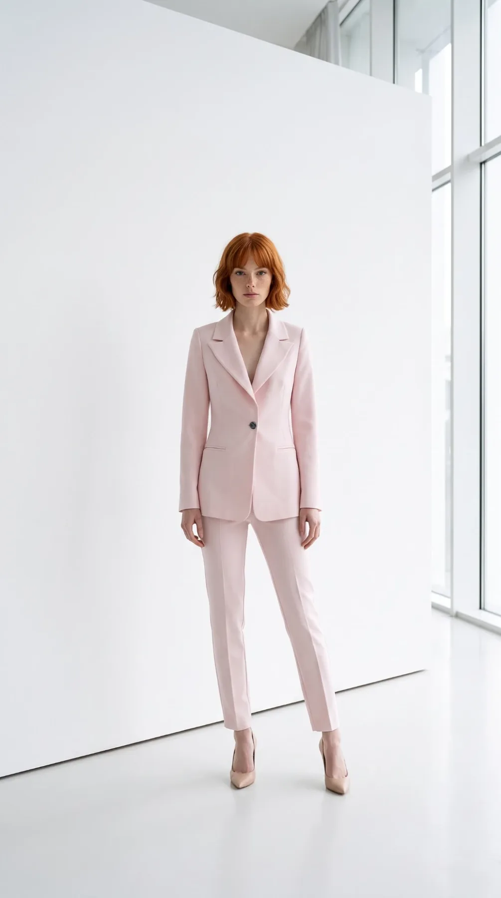 Beyaz stüdyoda pudra pembe ceket ve pantolon takımla dik duran model